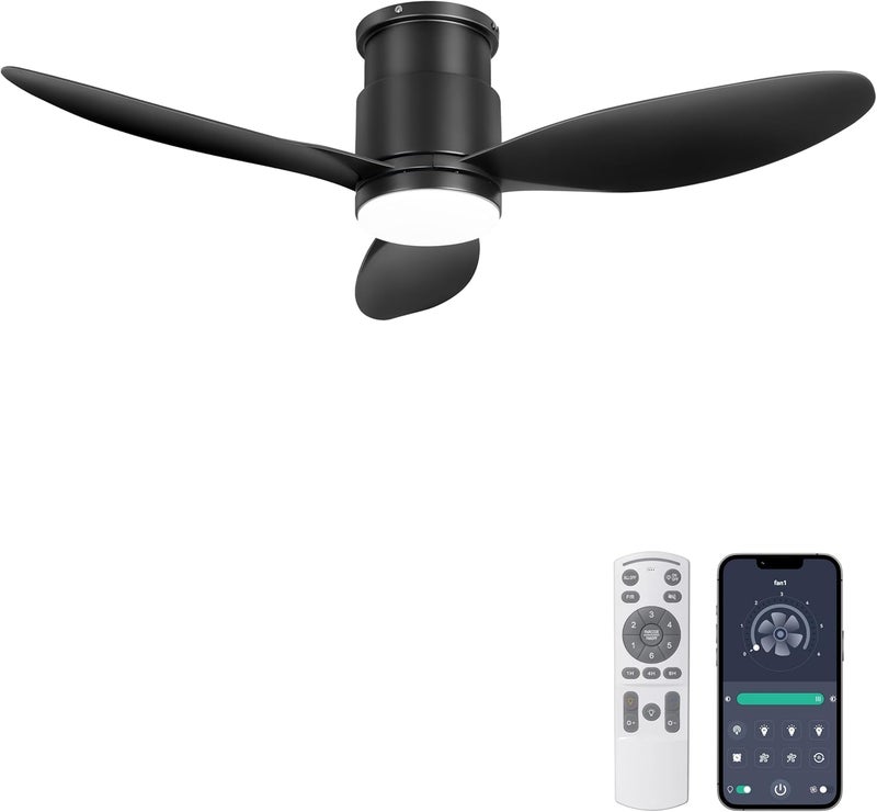 Ohniyou 42'' Flush Mount Ceiling Fans with Lights, Remote/App Control, Dimmable, Quiet Indoor/Outdoor Ceiling Fan for Covered Patio, Bedroom, Kitchen, Black - Image 1