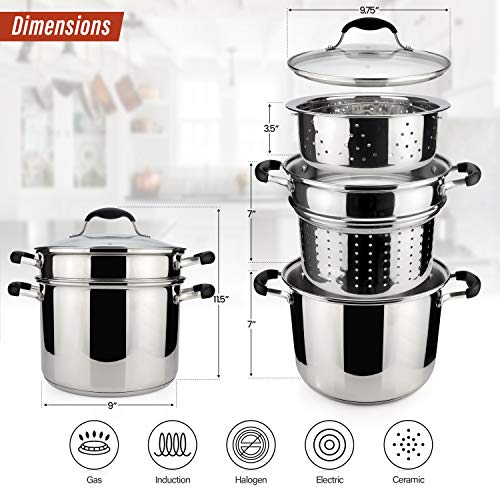 AVACRAFT 18/10 Stainless Steel, 4 Piece Pasta Pot with Strainer Insert, Stock Pot with Steamer Basket and Pasta Pot Insert, Pasta Cooker Set with Glass Lid, 7 Quart - Image 2