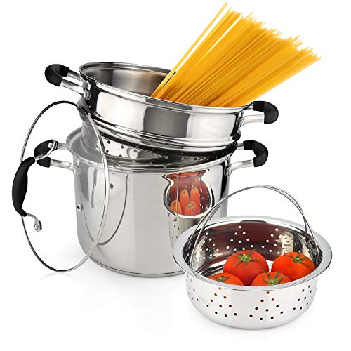 AVACRAFT 18/10 Stainless Steel, 4 Piece Pasta Pot with Strainer Insert, Stock Pot with Steamer Basket and Pasta Pot Insert, Pasta Cooker Set with Glass Lid, 7 Quart - Image 1