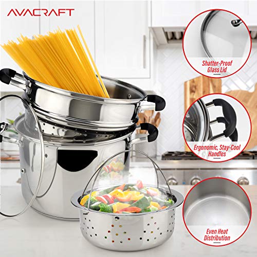 AVACRAFT 18/10 Stainless Steel, 4 Piece Pasta Pot with Strainer Insert, Stock Pot with Steamer Basket and Pasta Pot Insert, Pasta Cooker Set with Glass Lid, 7 Quart - Image 3