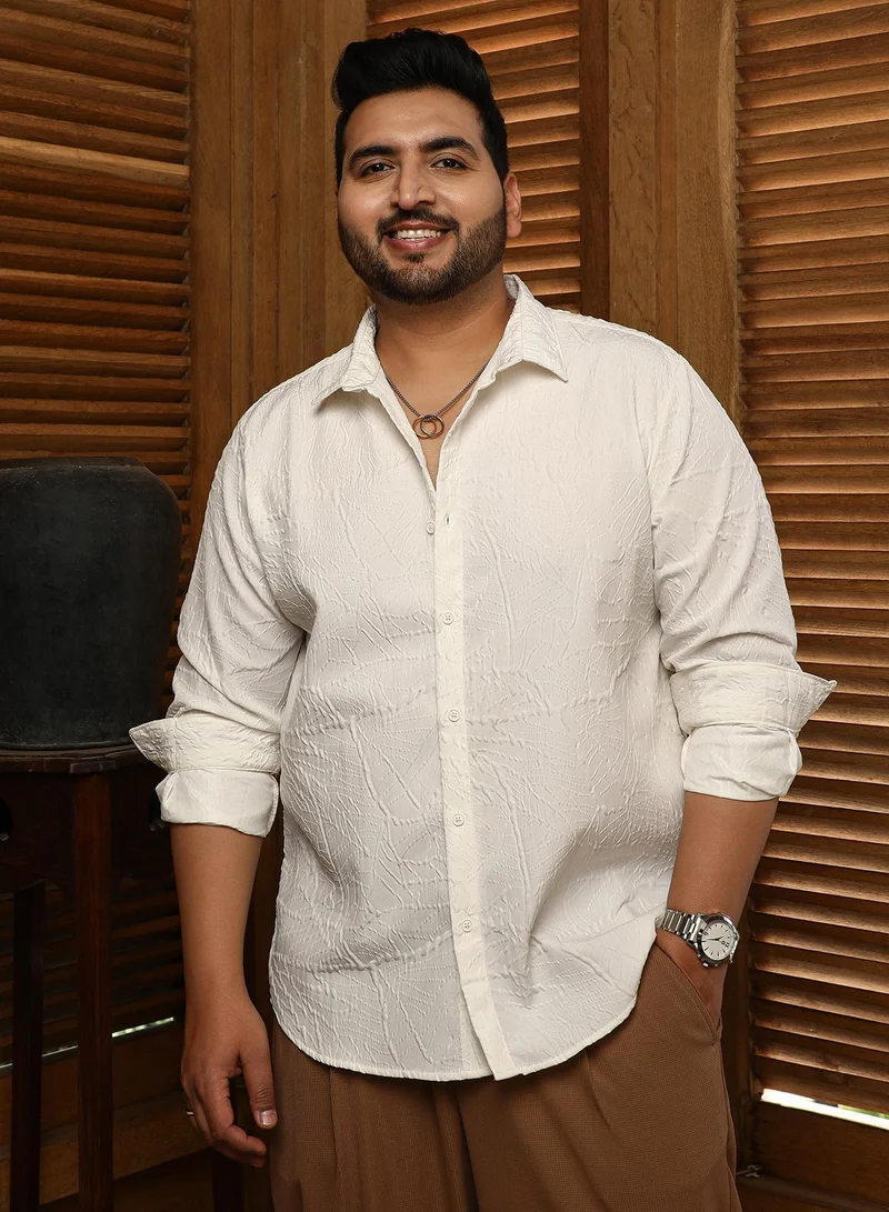 Instafab Plus Instafab Plus Men's Ivory White Foliage-Tactile Relaxed Shirt For Casual Wear | Spread Collar | Long Cuffed Sleeves | Button Closure | Plus Size Shirt Crafted With Comfort Fit For Everyday Wear