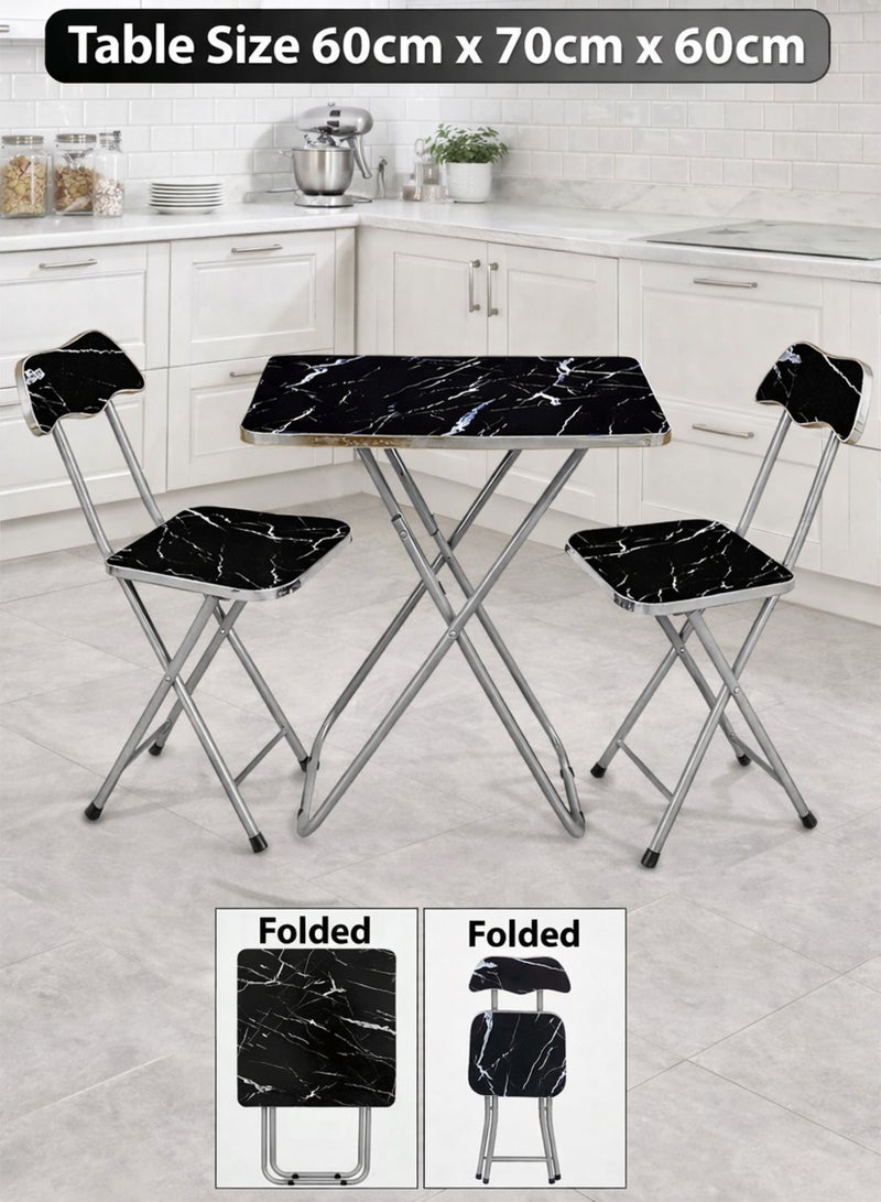 DBLEW Foldable Marble Design Top Square Table with 2 Folding Chairs, Metal Frame – For Dining, Balcony, Office & Outdoor Use - Image 1