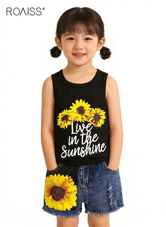roaiss Girls 2PCS Clothing Set, Camisole and Shorts Set for Girls, Stylish Summer Outfit with Sleeveless Top and Denim Shorts, Suitable for Daily Wear or Any Occasion - Image 1