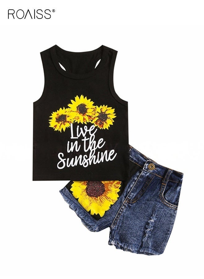 roaiss Girls 2PCS Clothing Set, Camisole and Shorts Set for Girls, Stylish Summer Outfit with Sleeveless Top and Denim Shorts, Suitable for Daily Wear or Any Occasion - Image 3