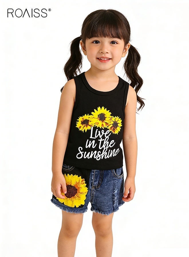 roaiss Girls 2PCS Clothing Set, Camisole and Shorts Set for Girls, Stylish Summer Outfit with Sleeveless Top and Denim Shorts, Suitable for Daily Wear or Any Occasion - Image 2