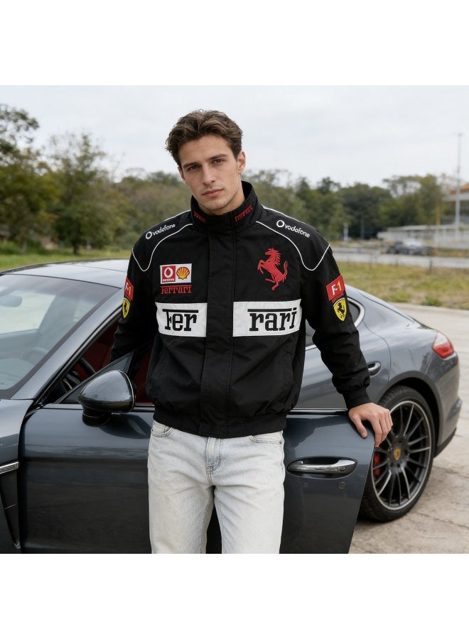 Ferrari  F1 Racing Jacket - Shell/UPS Sponsor Badges, Color Block, Embroidered Logo, Full-Zip Design, Unisex Motorsport Streetwear Coat - Image 2