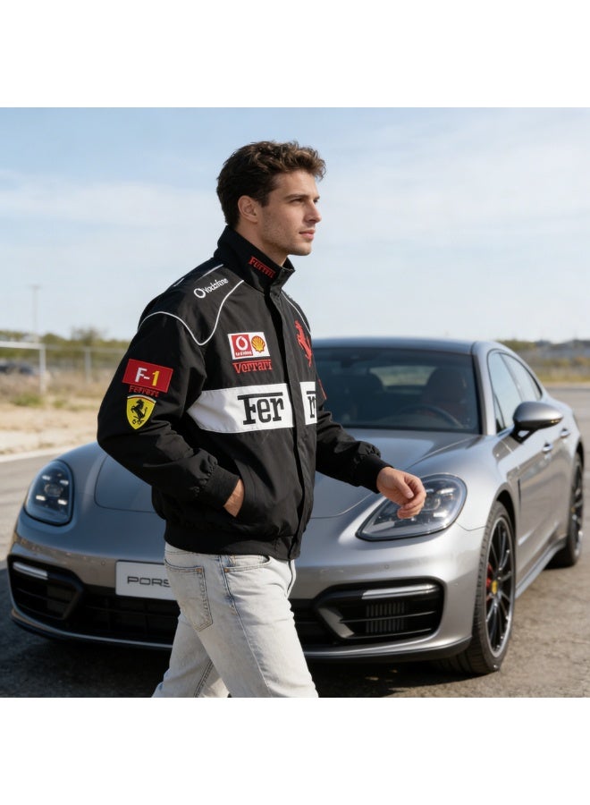 Ferrari  F1 Racing Jacket - Shell/UPS Sponsor Badges, Color Block, Embroidered Logo, Full-Zip Design, Unisex Motorsport Streetwear Coat - Image 4