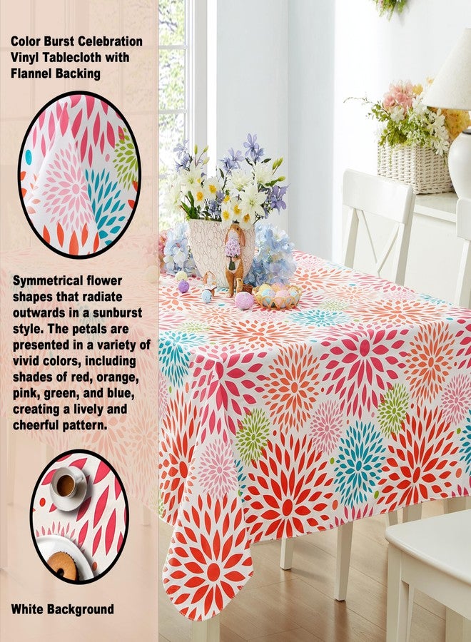 Newbridge Color Burst Celebration Vinyl Tablecloth, 52 x 70 Inch Rectangle – Flannel Backed Geometric Table Cover for Dining, Picnics, and Entertaining, Turquoise Pink Green Coral - Image 2