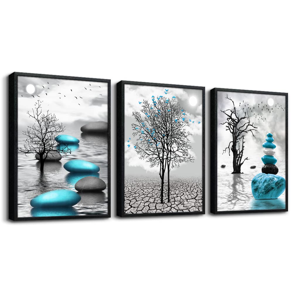 ALAYRA Black Framed Canvas Wall Art for Living Room Wall Decor for Bedroom Blue Abstract Wall Pictures Bathroom Black and White Paintings Office Wall Decoration Modern Home Decor 3 Piece Framed Art Prints