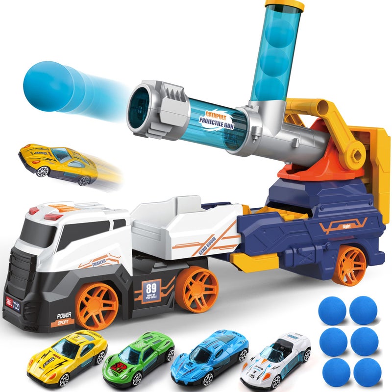 Dwi Dowellin Truck Toys for Kids 28 Large Car Toys Include 4 Race Cars6 Soft Foam Balls with Light  Sounds EejectionShooting Transport Trucks Toy Gifts for Boys Girls 3 4 5 6 7 8 Year Old - Image 3