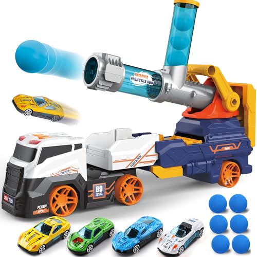 Dwi Dowellin Truck Toys for Kids 28 Large Car Toys Include 4 Race Cars6 Soft Foam Balls with Light  Sounds EejectionShooting Transport Trucks Toy Gifts for Boys Girls 3 4 5 6 7 8 Year Old - Image 1