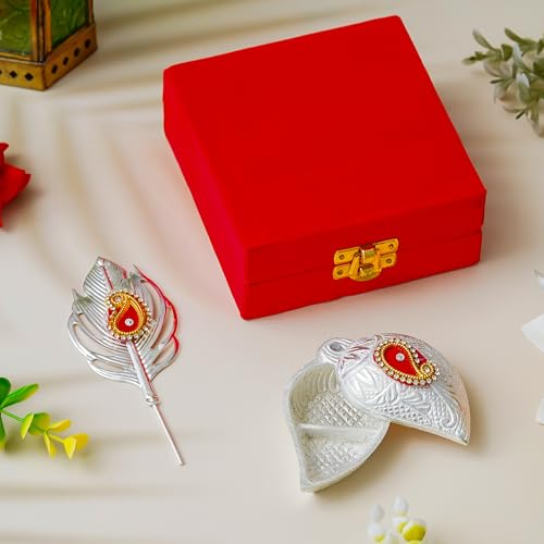 Webelkart Premium Silver Kumkum Box With Leaf And Red Velvet,Roli|Chawal|Chandan|Haldi|Kumkum Puja Box|Sindoor Box- Diwali Gift Item,Roli Chawal Box (Art Deco) - Image 2