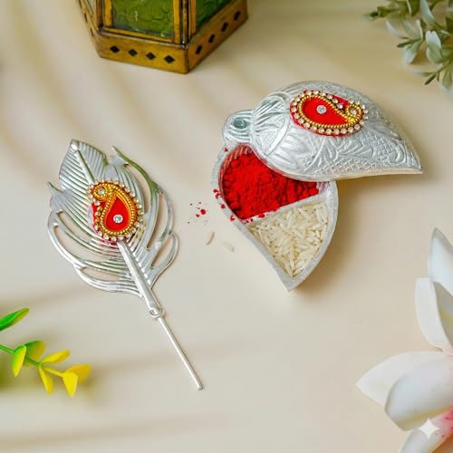 Webelkart Premium Silver Kumkum Box With Leaf And Red Velvet,Roli|Chawal|Chandan|Haldi|Kumkum Puja Box|Sindoor Box- Diwali Gift Item,Roli Chawal Box (Art Deco) - Image 1