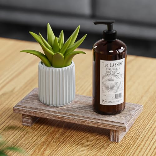 KLM Small Wood Tray Pedestal Stand Farmhouse Bathroom Decor Decorative Wooden Riser Kitchen Soap Dish Holder for Vanity, Counter, Sink (Rustic) - Image 3