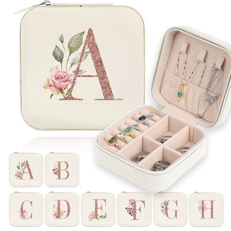Vintage Floral Faux Leather Jewelry Box With Zipper Closure 26 Letters Detachable Necklace Display Stand Compartments For Rings And Earrings Waterproof Lightweight Travel Storage Elegant Gift - Image 1
