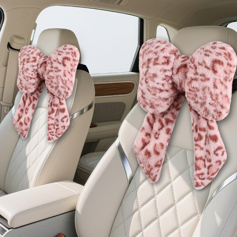 iHUFeather 2 Pack Bow Car Headrest Pillow Comfortable Soft Plush Head Rest Cushion, Neck Pillow for Driving Office Use and Car Interior Decoration (Pink Leopard) - Image 1