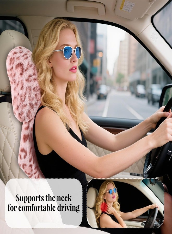 iHUFeather 2 Pack Bow Car Headrest Pillow Comfortable Soft Plush Head Rest Cushion, Neck Pillow for Driving Office Use and Car Interior Decoration (Pink Leopard) - Image 3