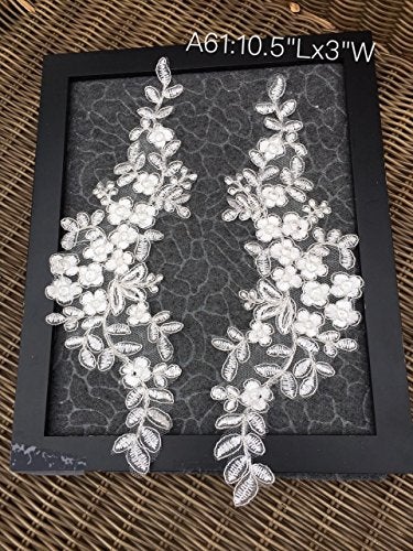 lynncollection A61 Lace Appliques, Two Pairs, White Color with Silver line Embroidered Appliques, Size: 10.5"x3" Lace Patches for Wedding Dress, DIY Clothing, Bridal Veil Decoration - Image 1