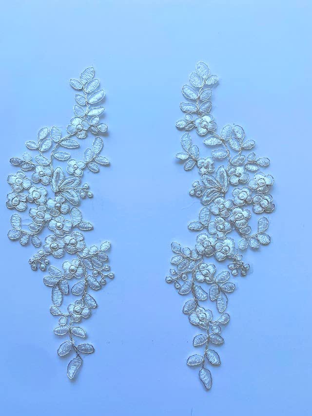 lynncollection A61 Lace Appliques, Two Pairs, White Color with Silver line Embroidered Appliques, Size: 10.5"x3" Lace Patches for Wedding Dress, DIY Clothing, Bridal Veil Decoration - Image 2