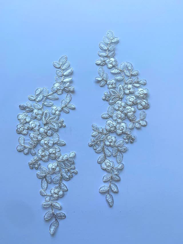 lynncollection A61 Lace Appliques, Two Pairs, White Color with Silver line Embroidered Appliques, Size: 10.5"x3" Lace Patches for Wedding Dress, DIY Clothing, Bridal Veil Decoration - Image 3