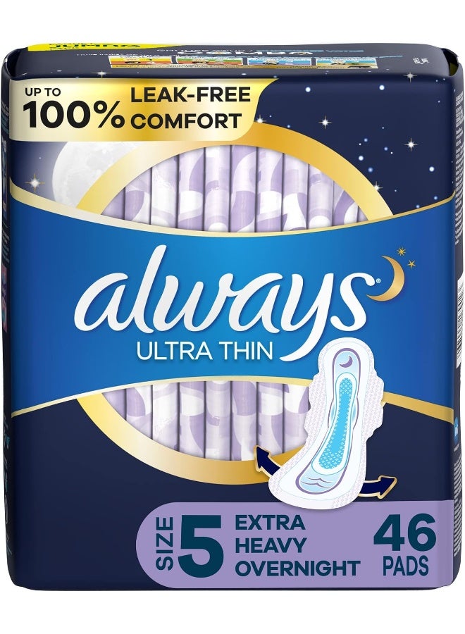 ALWAYS Ultra Thin Size 5 Extra Heavy Overnight Pads With Wings Unscented, 46 Count - Image 1