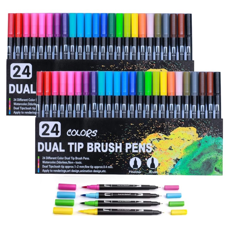 Corslet مجموعة أقلام فرشاة مزدوجة الطرف 48 قطعة 24 لون - Image 1