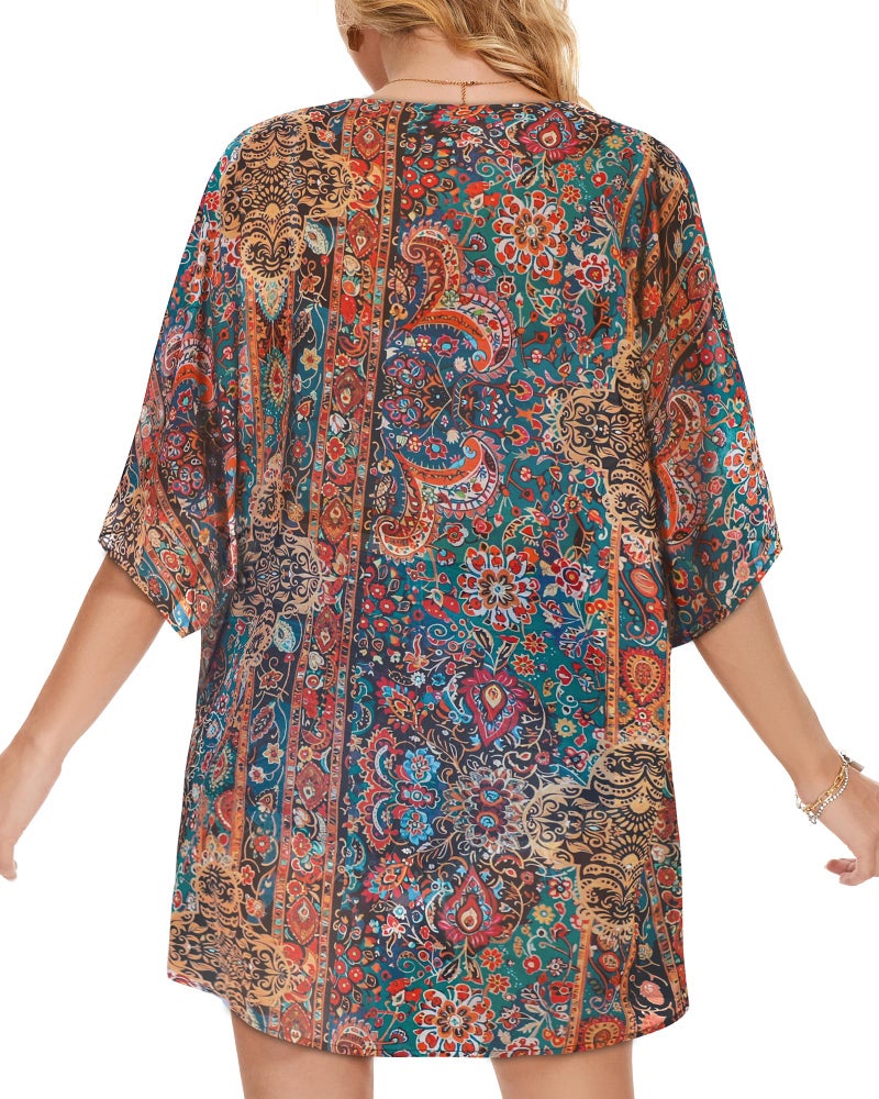 CHICGAL Women's Floral Kimono Print Puff Sleeve Loose Cardigan Cover Up Casual Blouse Tops (Bohemia Print, XL) - Image 5