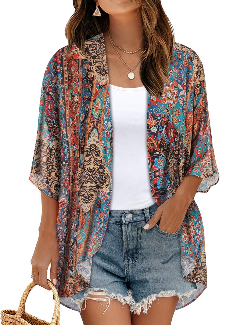 CHICGAL Women's Floral Kimono Print Puff Sleeve Loose Cardigan Cover Up Casual Blouse Tops (Bohemia Print, XL) - Image 1