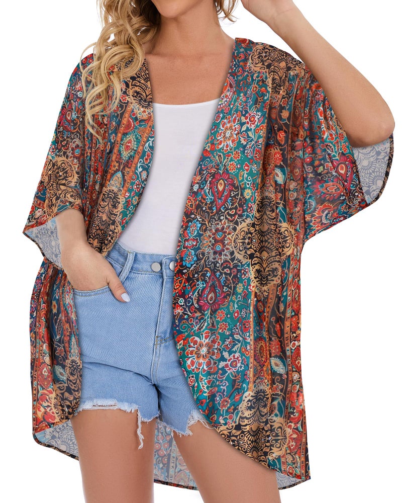 CHICGAL Women's Floral Kimono Print Puff Sleeve Loose Cardigan Cover Up Casual Blouse Tops (Bohemia Print, XL) - Image 2