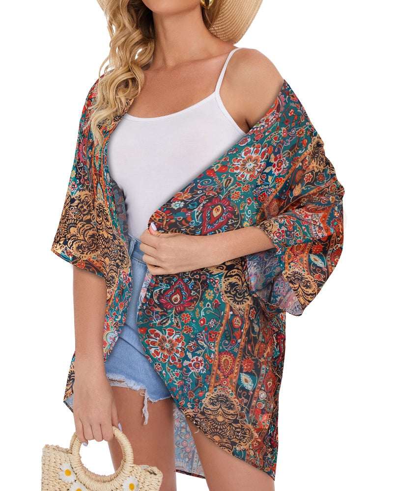 CHICGAL Women's Floral Kimono Print Puff Sleeve Loose Cardigan Cover Up Casual Blouse Tops (Bohemia Print, XL) - Image 4