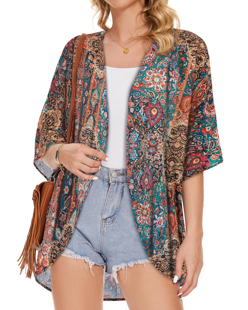 CHICGAL Women's Floral Kimono Print Puff Sleeve Loose Cardigan Cover Up Casual Blouse Tops (Bohemia Print, XL) - Image 3