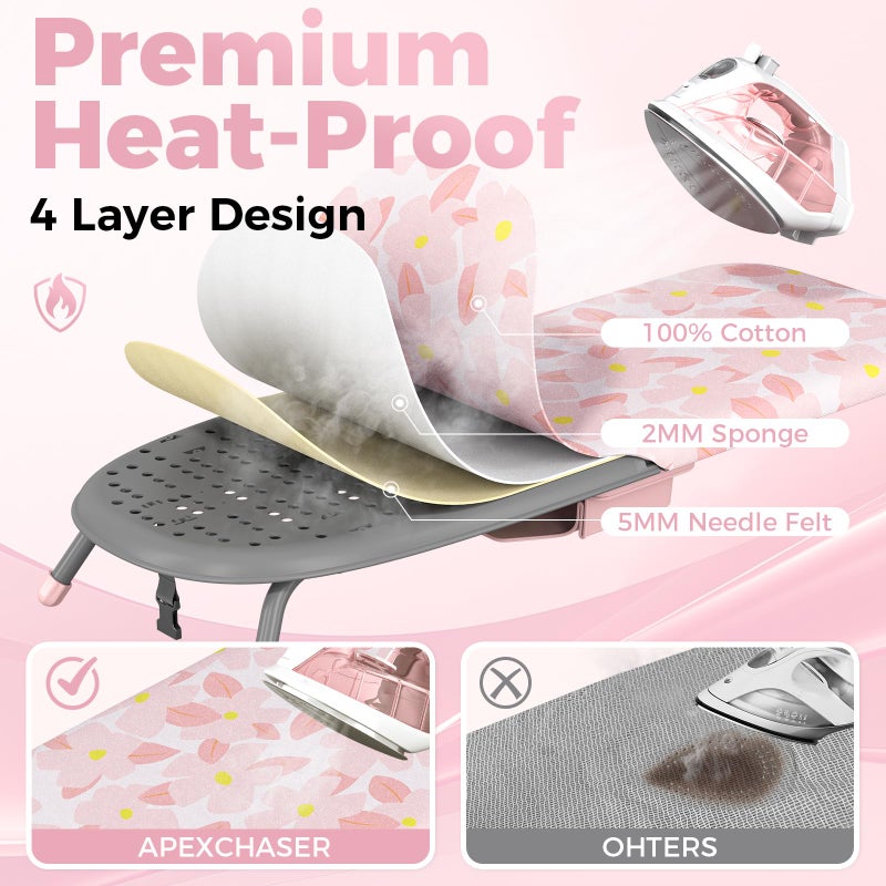 APEXCHASER Small Ironing Board with Iron Holder, Compact Iron Board with Non-Slip Feet, Portable Tabletop Ironing Board with Cotton Cover for Small Spaces and Travel, Pink - Image 4