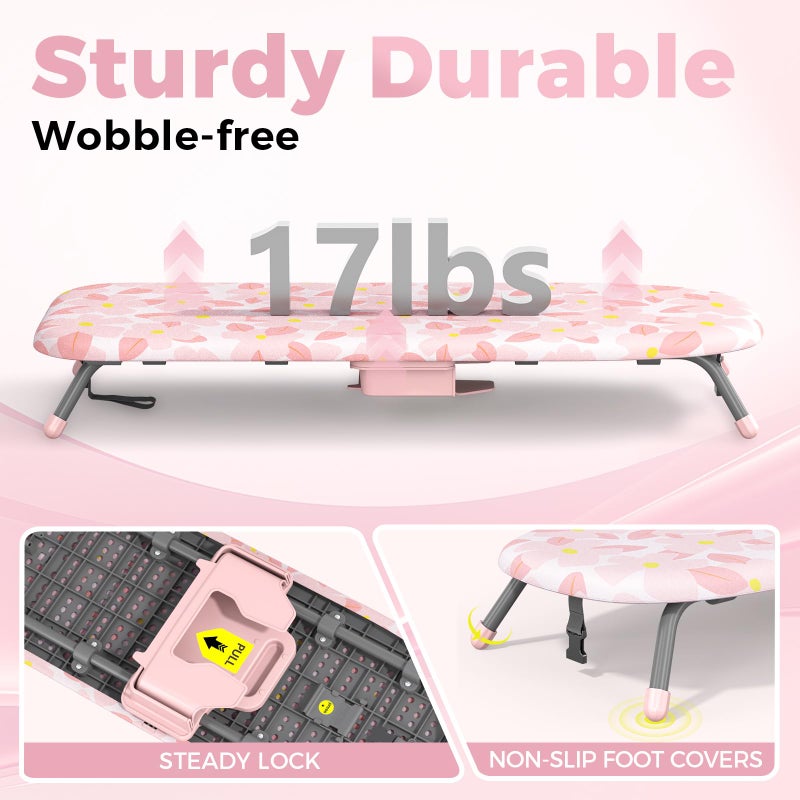 APEXCHASER Small Ironing Board with Iron Holder, Compact Iron Board with Non-Slip Feet, Portable Tabletop Ironing Board with Cotton Cover for Small Spaces and Travel, Pink - Image 5