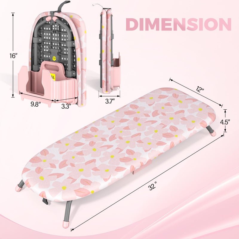 APEXCHASER Small Ironing Board with Iron Holder, Compact Iron Board with Non-Slip Feet, Portable Tabletop Ironing Board with Cotton Cover for Small Spaces and Travel, Pink - Image 2