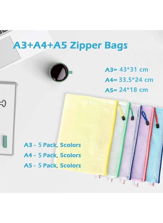 MVAQKLM  - 15 Pack Mesh Zipper Pouch Document Bags,A3|A4|A5 Size 5 Color Document Bags Plastic Zip File Folders Waterproof Letter Size File Envelopes for School Office Supplies Cosmetics Travel Storage - Image 1
