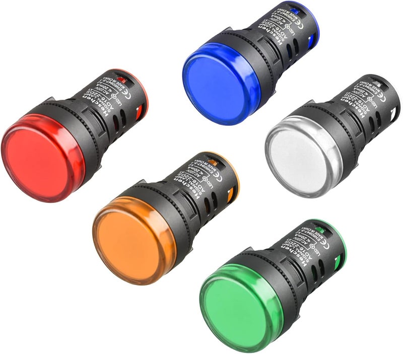 Heschen 22mm LED Indicator Pilot Light, AD16-22D/S, 220VAC 20mA, Red Green Yellow Blue White Light Colour, 5Pack - Image 1