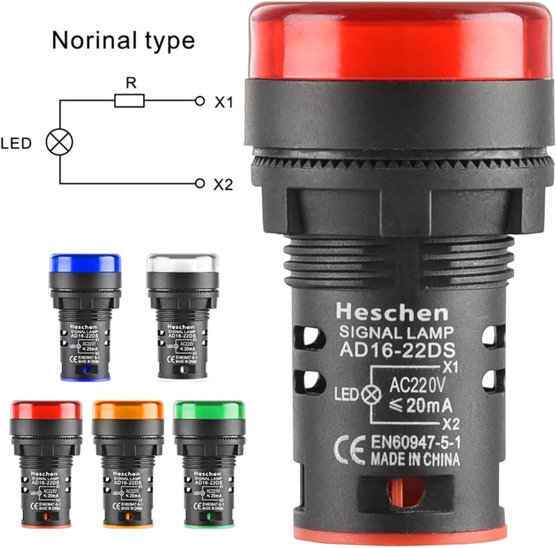 Heschen 22mm LED Indicator Pilot Light, AD16-22D/S, 220VAC 20mA, Red Green Yellow Blue White Light Colour, 5Pack - Image 3