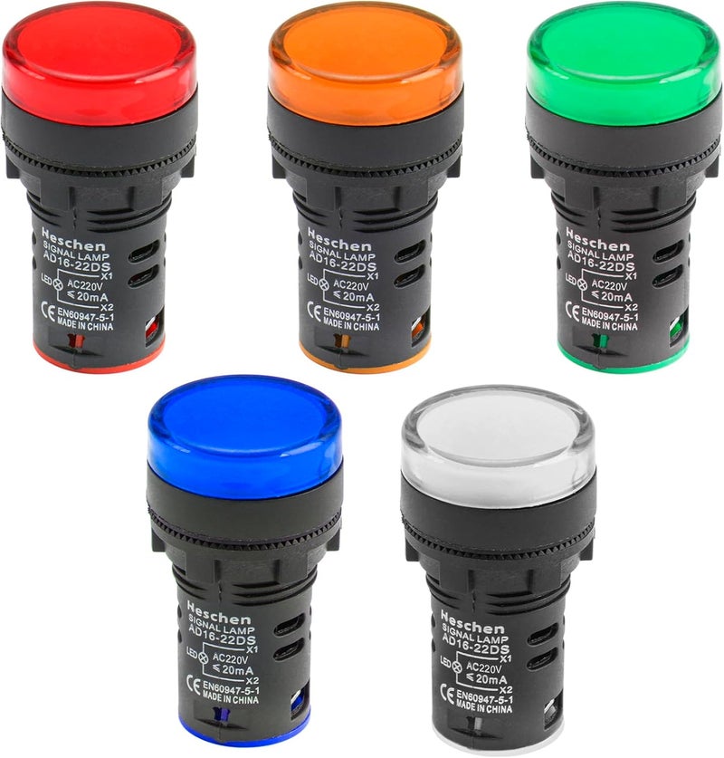 Heschen 22mm LED Indicator Pilot Light, AD16-22D/S, 220VAC 20mA, Red Green Yellow Blue White Light Colour, 5Pack - Image 4