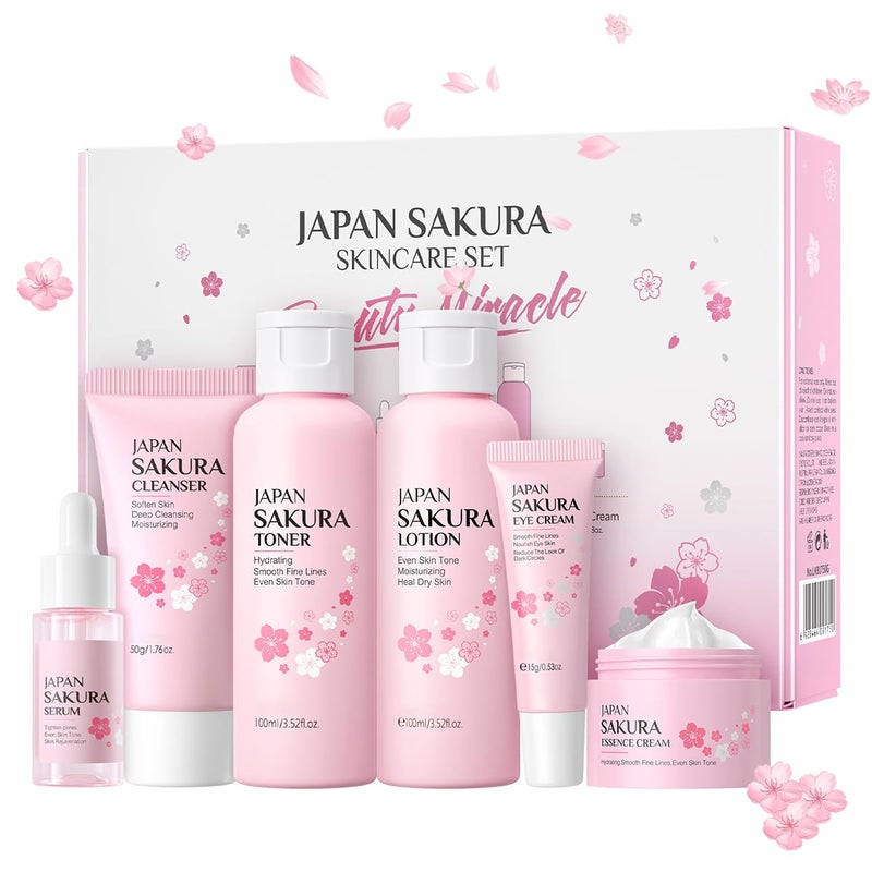 Tiejdhr 6Pcs Sakura Skincare Kit For Teenage Girls Women Beauty Travel Skincare Gift Set The Skin Care Set Includes Facial Cleanser Toner Lotion Essence Eye Cream And Face Cream - Image 1