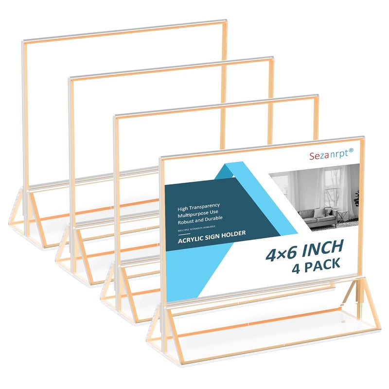 Sezanrpt Acrylic Table Card Holder Gold Edge 4x6 Horizontal 4 Pack, Clear Picture Frames, Acrylic Sign Holder for Restaurant Menu Display, Wedding Table Numbers (4x6 - Horizontal) - Image 1