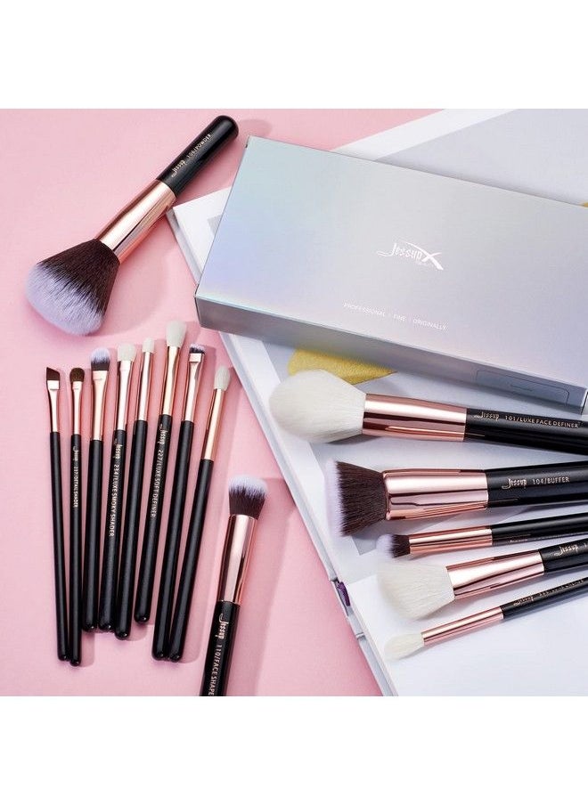 Jessup Makeup Brushes Labeled Makeup Brush Set Premium Synthetic And Natural Hair Foundation Powder Concealer Eyeshadow Blending 15Pcs Brush Kit Rose Gold/Black T160  - Image 3