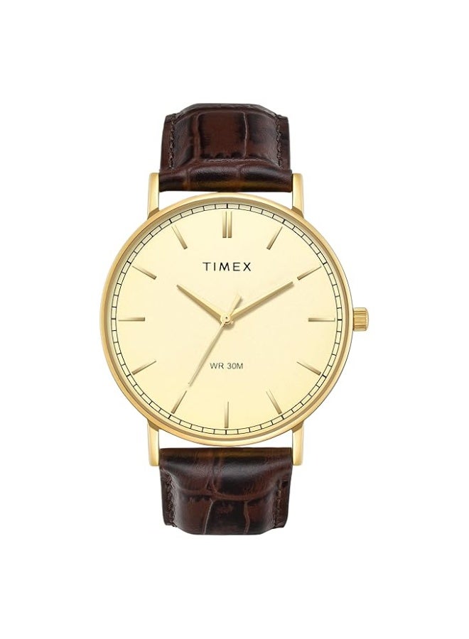 TIMEX Classics Analog Watch for Man with Champagne Round Dial & Brown Leather Strap Band Water Resistant Men's Wrist Watches - TWTG12201 - Image 1