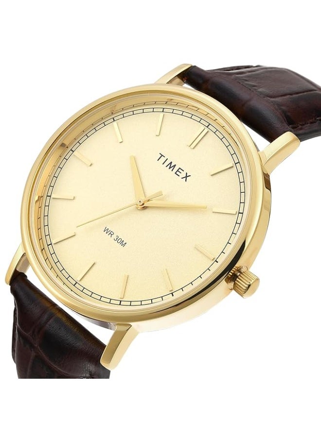 TIMEX Classics Analog Watch for Man with Champagne Round Dial & Brown Leather Strap Band Water Resistant Men's Wrist Watches - TWTG12201 - Image 3