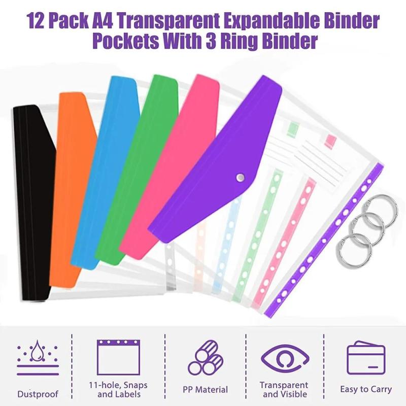 Plastic File Folders: 12 Pcs 6 Colors 0.4 Mm Thick - Water & Dust Resistant Button Closure Expandable File Envelopes For Home Office Document Storage - Image 2