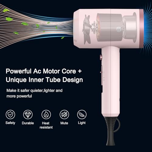 Slopehill Professional Ionic Hair Dryer, Powerful 1800W Fast Drying Low Noise Blow Dryer with 2 Concentrator Nozzle 1 Diffuser Attachments for Home Salon Travel (Pottery Pink and Rose Gold) - Image 2