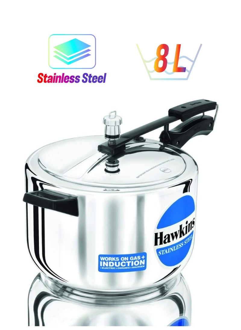 Hawkins - 8 Liters Stainless Steel Pressure Cooker,Induction Compatible,Silver - Image 1