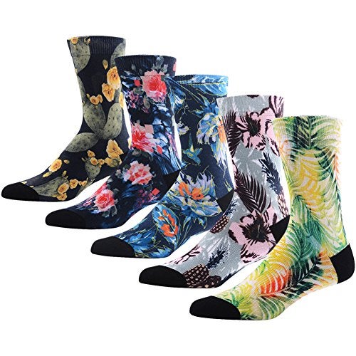MEIKAN Novelty Awesome Crew Athletic Socks for Men, MEIKAN Colorful Floral Flower Plant Fancy Design Printed Mid Calf Socks ,5 Pairs Color 2,One Size - Image 1