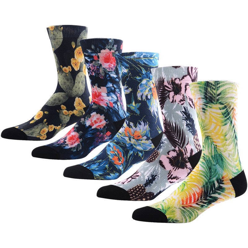 MEIKAN Novelty Awesome Crew Athletic Socks for Men, MEIKAN Colorful Floral Flower Plant Fancy Design Printed Mid Calf Socks ,5 Pairs Color 2,One Size - Image 2