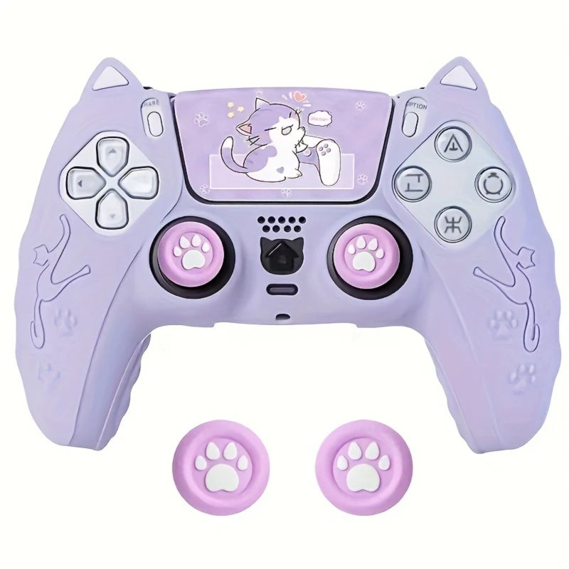 Cute Cat-Themed Silicone Case for PS5 Controller with Thumb Grips and Touchpad Stickers - Soft, Comfortable Protective Cover Set, Anti-Slip and Sweat-Resistant, Perfect Fit for Sony PlayStation 5, Gaming Accessory|Playful Aesthetic|Antisweat Cover - Image 1