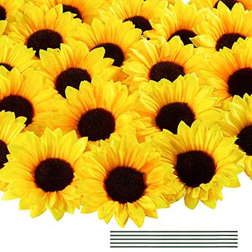Coferset 40pcs Fake Sunflower Heads with Stems, 4" Sunflower Artificial Silk Flower Heads for Party Baby Shower Wedding Making Handicrafts Home Decor(Yellow) - Image 1